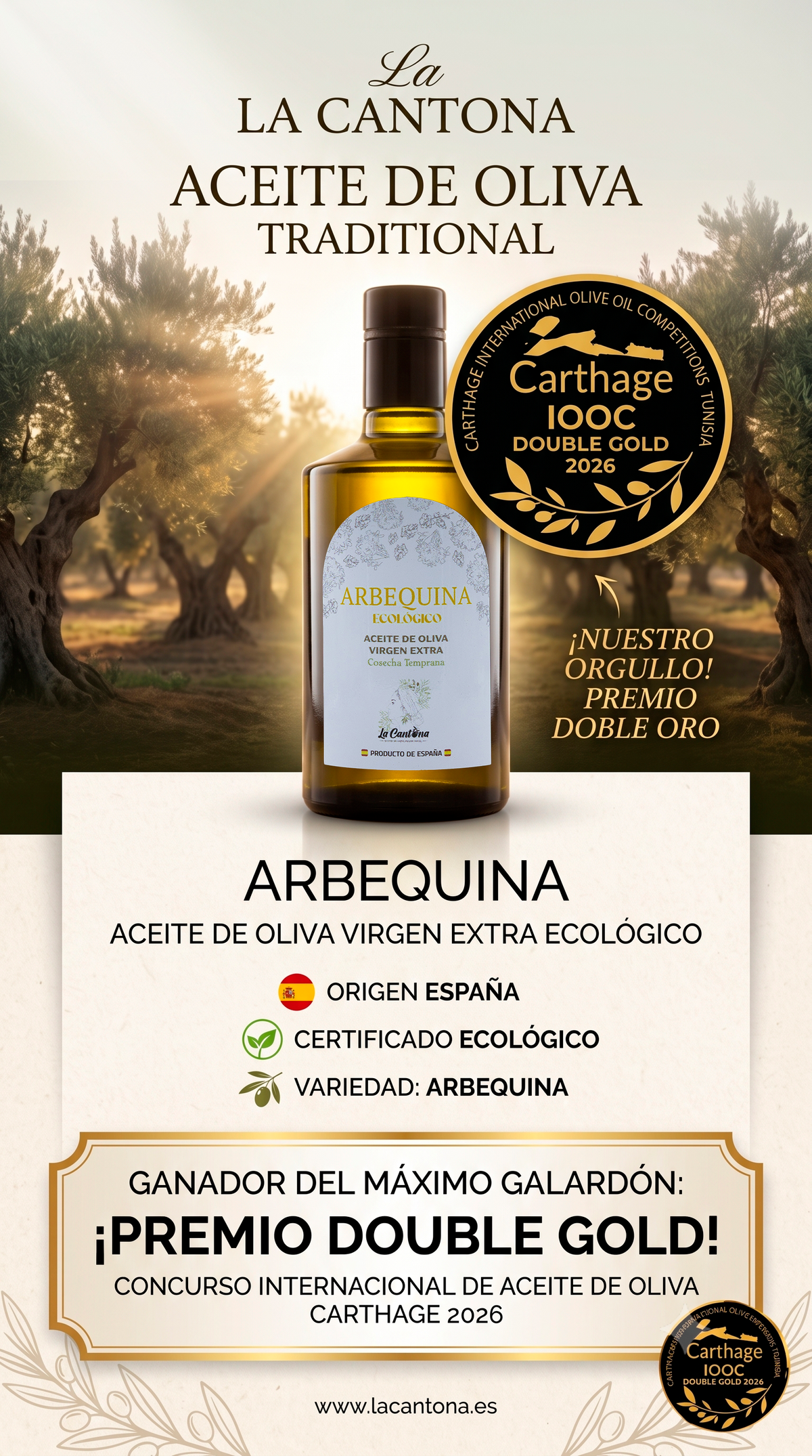 Premio Double Gold Carthage 2026 para nuestro Arbequina